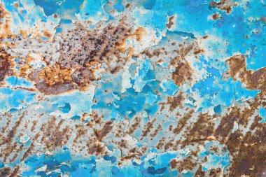 Eski kirli metal paslı soyut desen mavi soyulmuş boyalı duvar dokusu arka plan.
