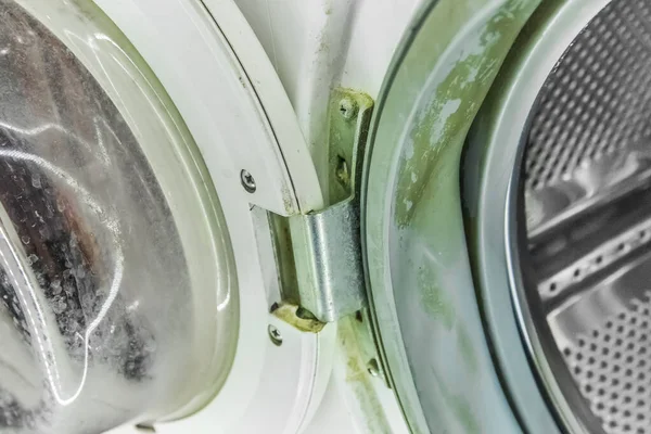 Old washing machine door mounting mechanism, green coating on drum seal.