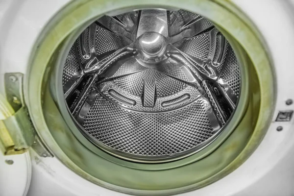 The washing machine drum and the dirty, old green coating on the drum seal.