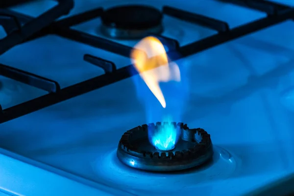 Gas burner with flame from a hole on a gas stove, close-up.
