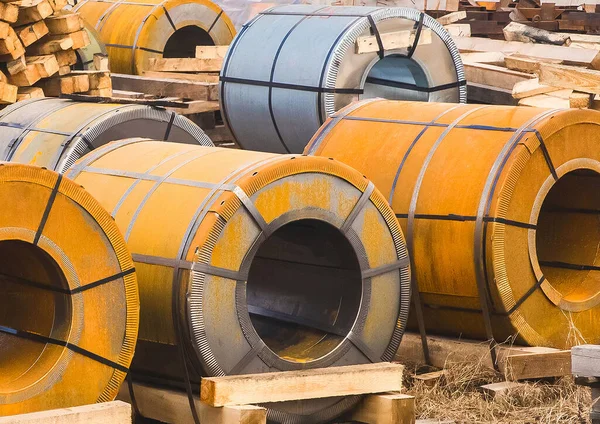 Industrial area, construction site with rusty metal packaging, manufacturing and steel storage.