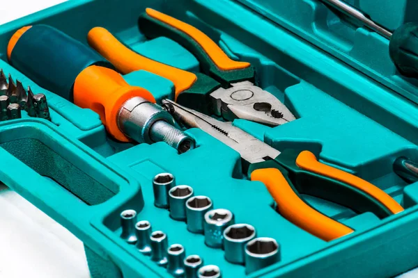 Bench tool equipment. Set of different construction work tools for repair, close up.