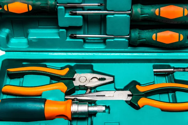 Bench tool equipment. Set of different construction work tools for repair, close up.