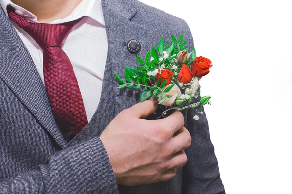 Groom Hand Wedding Corrects Boutonniere Close — Stock Photo, Image