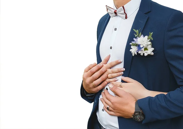 Mãos Noiva Noivo Abraçam Ternura Abraços Homem Uma Mulher Casamento — Fotografia de Stock
