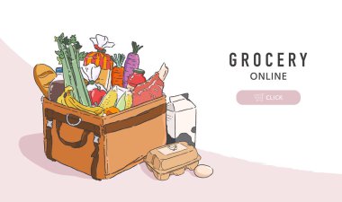 Market ürünlerinin vektör illüstrasyonları teslimat poşetinde. Çevrimiçi market siparişi ve dağıtım servisi afişi şablonu.