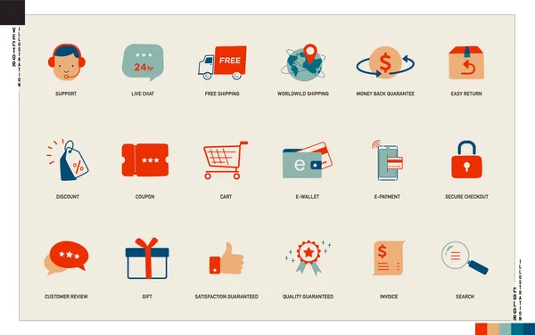 E-ticaret, online alışveriş ikonu seti. Web, uygulama vs. için düzenlenebilir vuruş vektör çizimi.