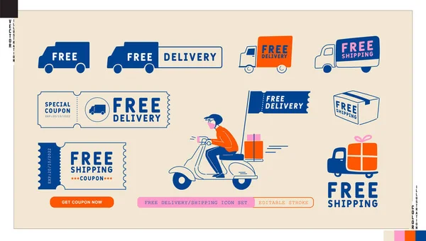 Bedava teslimat, bedava nakliye ikonları. Kamyon, scooter, paket ve karikatür stilinde kupon illüstrasyonu.