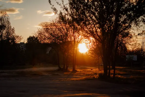 Coucher de soleil rouge dans la ville avec le soleil brillant — Photo