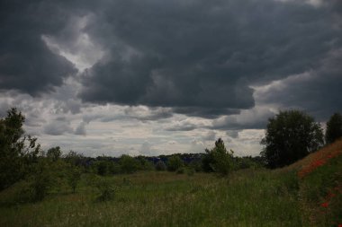 Bulutlu mavi yağmurlu gökyüzü tarlanın üzerinde