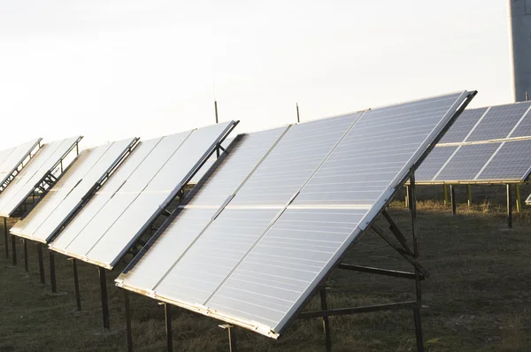 日没時の太陽電池パネルの数 — ストック写真