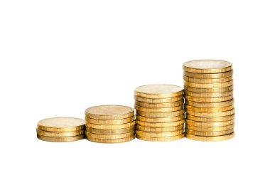 Dört yığın bozuk para beyaz arka planda izole edilir. Para büyüme konsepti. Bankacılık, finans, para birimi.