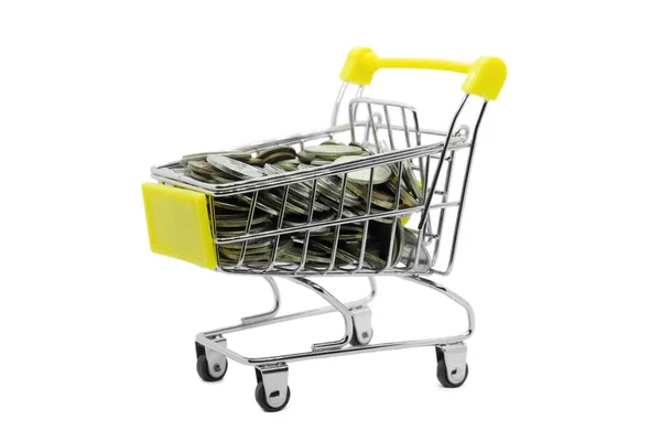 Wózek Supermarketowy Wypełniony Monetami Odizolowanymi Białym Tle Koncepcja Zakupów Zakupów — Zdjęcie stockowe