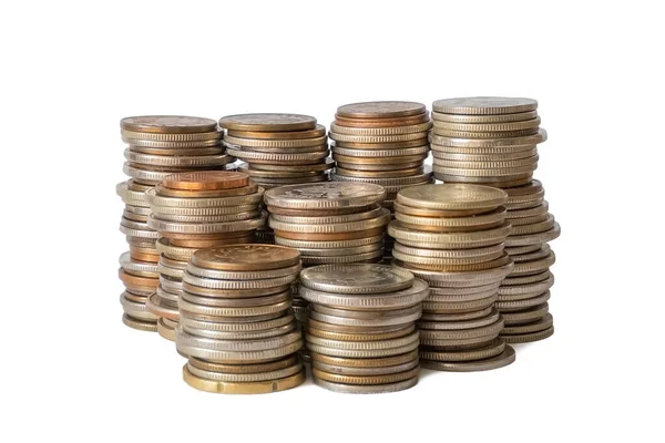 Many Stacks Different Coins Isolated White Background Business Finance Money — Stock Photo, Image