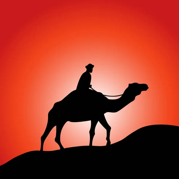 Kameel en ruiter in woestijn zwarte silhouet vector illustratie. Rode zonsopkomst of zonsondergang achtergrond. — Stockvector