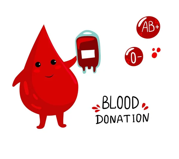Set van vector illustratie voor World Blood Donor Day met schattige cartoon bloeddruppels karakter met bloedzak — Stockvector