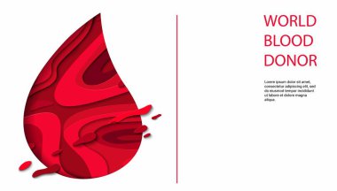 Posterler ve davetiyeler için dünya bağış günü vektör illüstrasyonu, 3 boyutlu kağıt kesiği şekilli tıbbi tasarım. Mesaj için yer. Kan Bağışı Hayat Kurtarma ve Hastane Yardımı