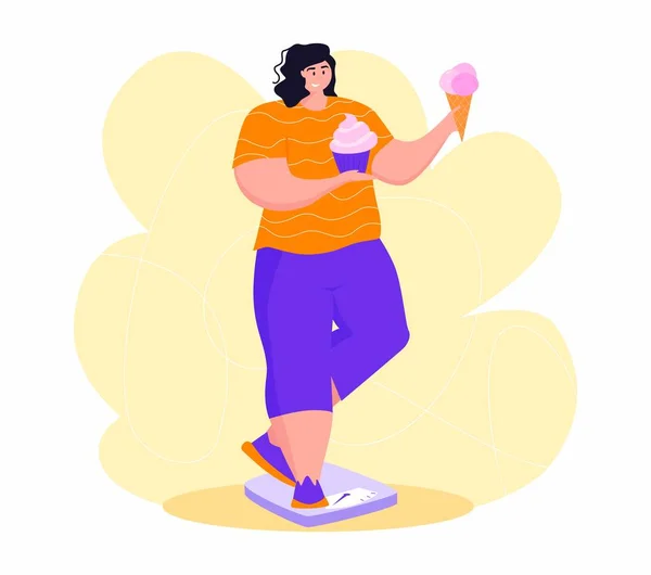 Una joven obesa comiendo comida chatarra dulce. Una chica se sube a la balanza para deshacerse de la grasa del vientre. Obesidad. — Archivo Imágenes Vectoriales