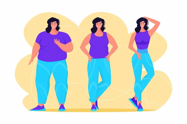 Egzersiz yapan genç obez bir kadın. Göbek yağlarından kurtulmak için ter içinde çalışan bir kız. Obezite. — Stok Vektör