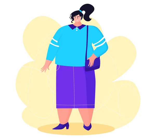 Una joven obesa en tela de moda. Una chica quiere deshacerse de la grasa del vientre. — Vector de stock