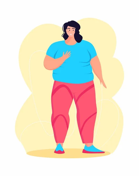 Una joven obesa haciendo ejercicio. Una chica que trabaja en sudor para deshacerse de la grasa del vientre. Obesidad. — Vector de stock