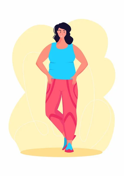 Una joven obesa haciendo ejercicio. Una chica que trabaja en sudor para deshacerse de la grasa del vientre. Obesidad. — Vector de stock