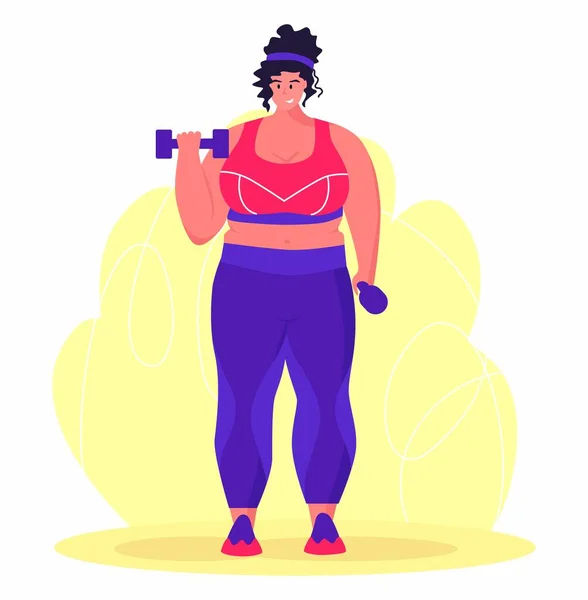 Egzersiz yapan genç obez bir kadın. Göbek yağlarından kurtulmak için ter içinde çalışan bir kız. Obezite. — Stok Vektör
