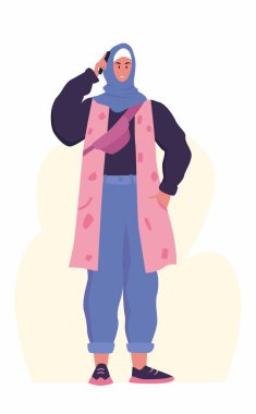 Modern Müslüman kadın moda kıyafetler ve tesettüre girmiş. Modaya uygun Arap kızları. Beyaz arkaplanda izole edilmiş kadın karakter.