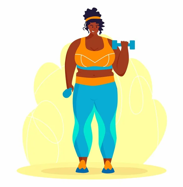 Egzersiz yapan genç bir Afro-Amerikan obez kadın. Göbek yağlarından kurtulmak için ter içinde çalışan bir kız. Obezite. — Stok Vektör