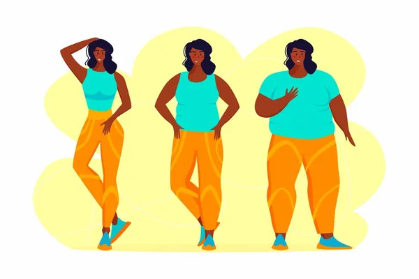 Una joven afroamericana obesa haciendo ejercicio. Una chica que trabaja en sudor para deshacerse de la grasa del vientre. Obesidad. — Archivo Imágenes Vectoriales