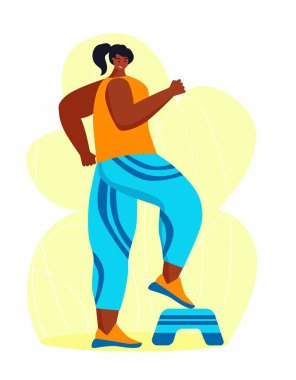 Egzersiz yapan genç bir Afro-Amerikan obez kadın. Göbek yağlarından kurtulmak için ter içinde çalışan bir kız. Obezite.