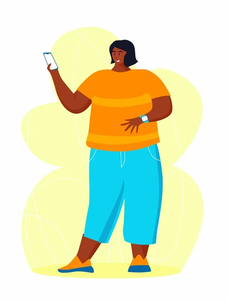 Una joven afroamericana obesa haciendo ejercicio. Una chica que trabaja en sudor para deshacerse de la grasa del vientre. Obesidad. — Vector de stock