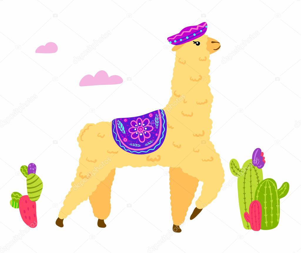 Cute Lamas with mountains and cactus in vector.