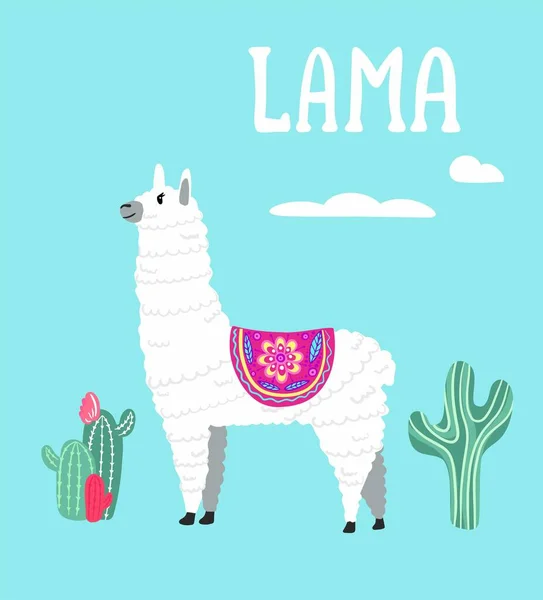 Leuke Lamas met bergen en cactus in vector. — Stockvector
