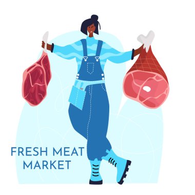 Kasap Afrikalı kadın. Kadın mesleği. Feminizm. Taze et ve et ürünleri et pazarı çalışanı. İzole vektör çizimi. Siyah kız.