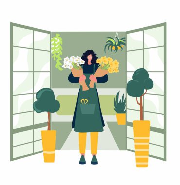 Masada kadın kokusu var. Forist shop veya store. Beyaz üzerine çiçekli el işi. Düz vektör karikatürü izole edilmiş çizim