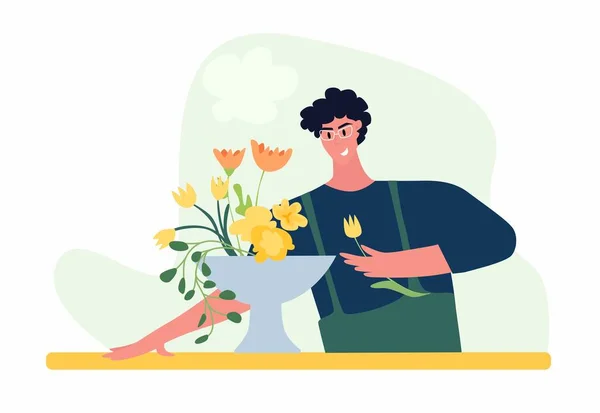 Mujer Componer Ramo Mesa Tienda Tienda Forist Artesanía Floristería Blanco — Vector de stock