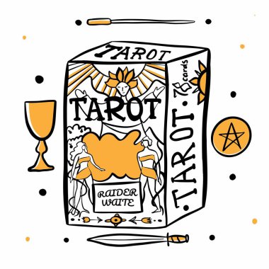 Cadı eli ve tarot kartlarının el çizimi. Sihirli semboller. Düz ve çizgi film tarzı. Büyülü Tarot kartı. Boho şık çizgi sanat dövmesi, poster ya da sunak duvağı baskısı tasarımı.