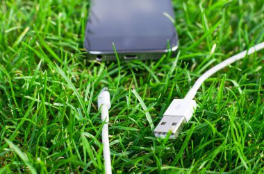 Çimenlerin üzerinde kablo ile telefon detay