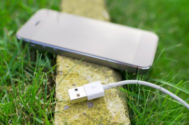 Çimenlerin üzerinde kablo ile telefon detay