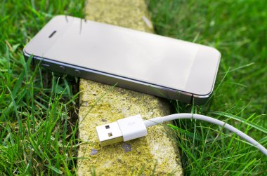 Çimenlerin üzerinde kablo ile telefon detay