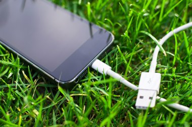 Çimenlerin üzerinde kablo ile telefon detay