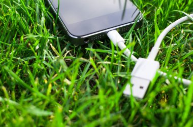 Çimenlerin üzerinde kablo ile telefon detay