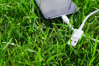 Çimenlerin üzerinde kablo ile telefon detay