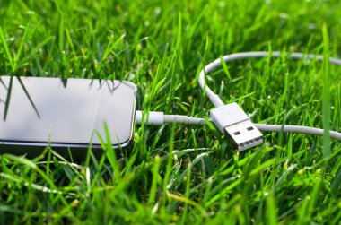 Çimenlerin üzerinde kablo ile telefon detay