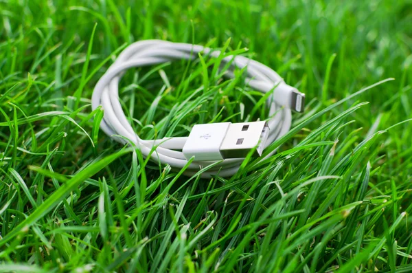 Cabo USB branco no detalhe da grama — Fotografia de Stock