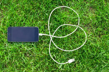 Çimenlerin üzerinde kablo ile telefon detay