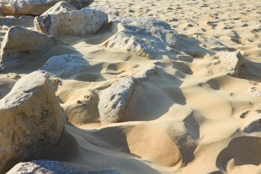 Kum bir plajda kayalarda 