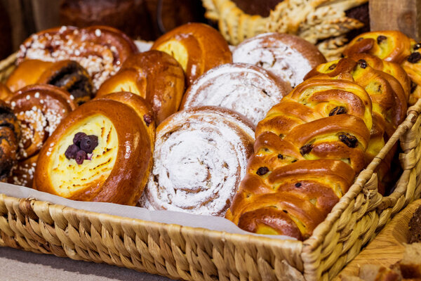 Variety of baked products at a supermarket