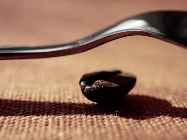 Kahve kaşığının altında kahve çekirdeği, masa örtüsü makroda.